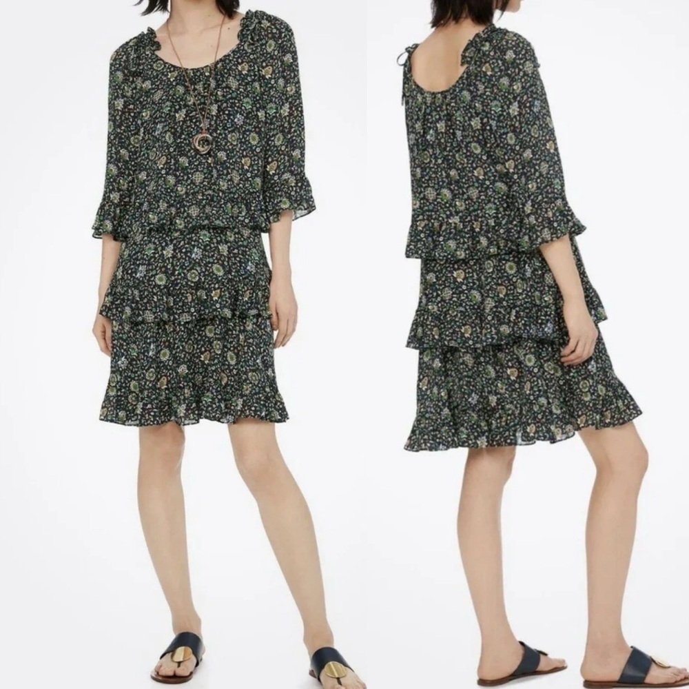 TORY BURCH Soleil Floral Ruffle Tiered Silk Mini Dress \\ 0